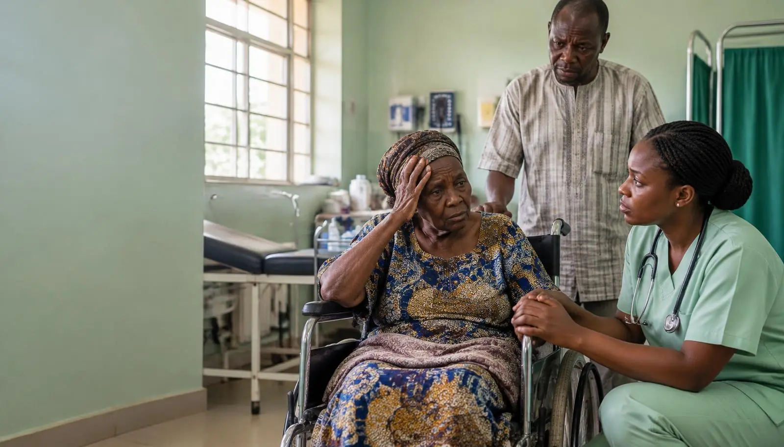 A weary older Nigerian woman in a wheelchair holding her head while a nurse and family member offer support
