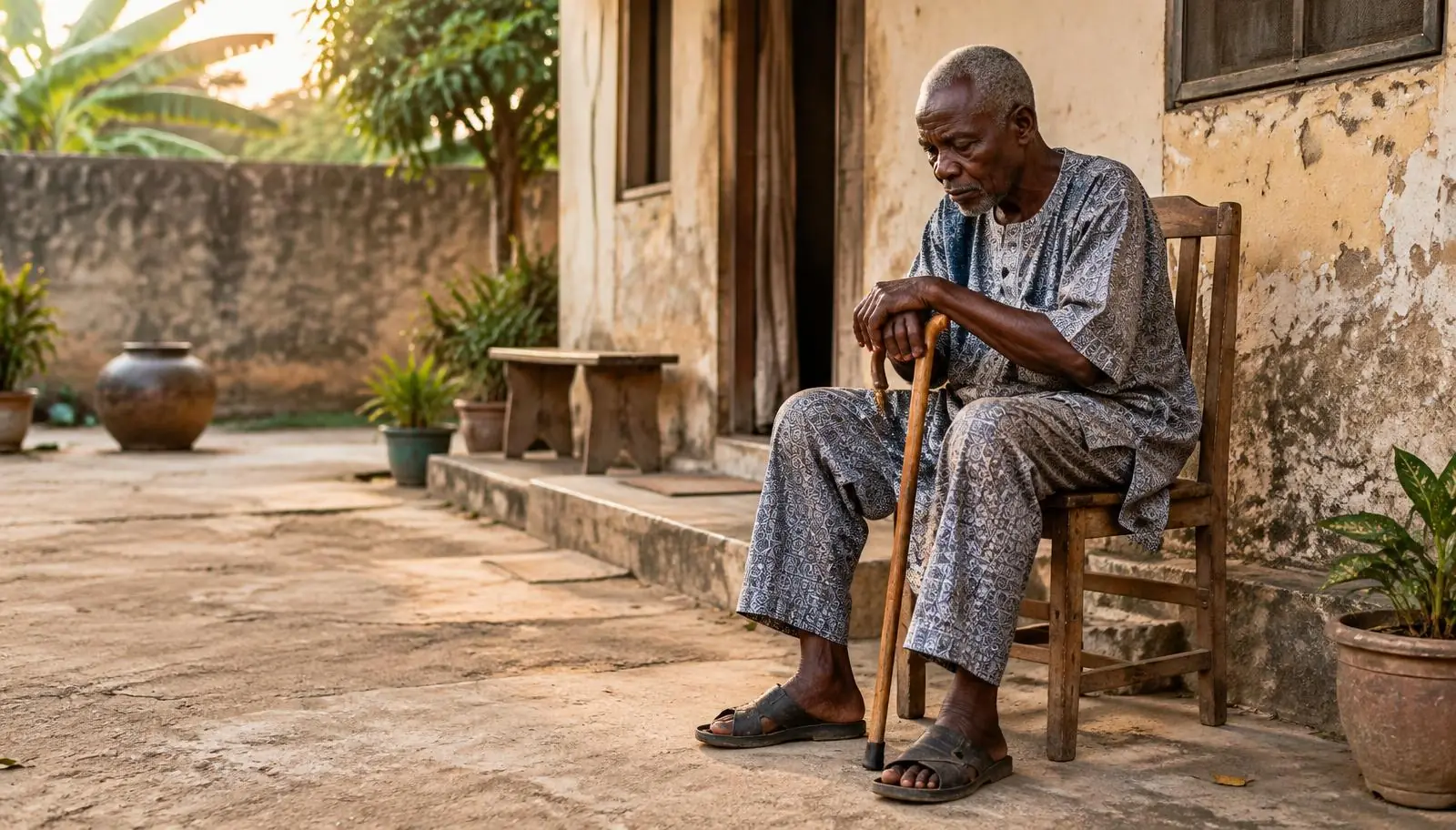 An older Nigerian man sitting alone outside a weathered home, resting his hands on a walking cane