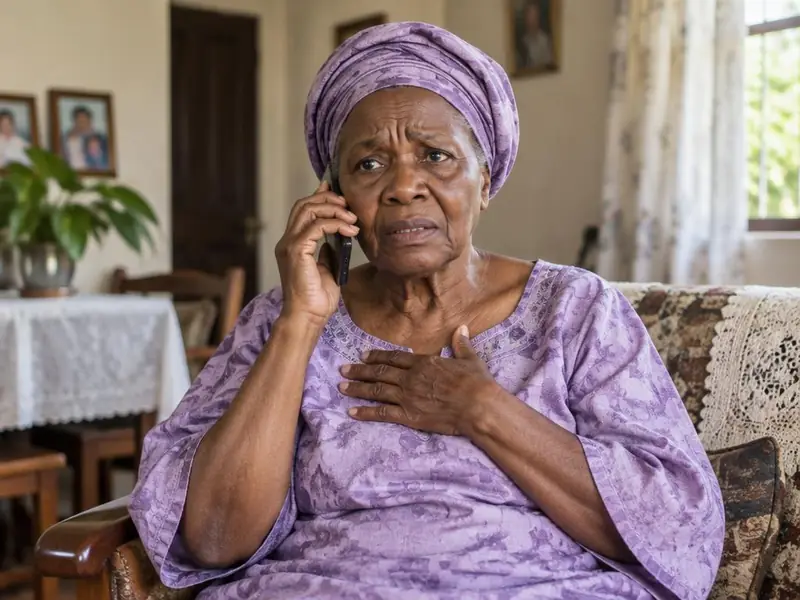 A concerned older Nigerian woman calling for help on a mobile phone
